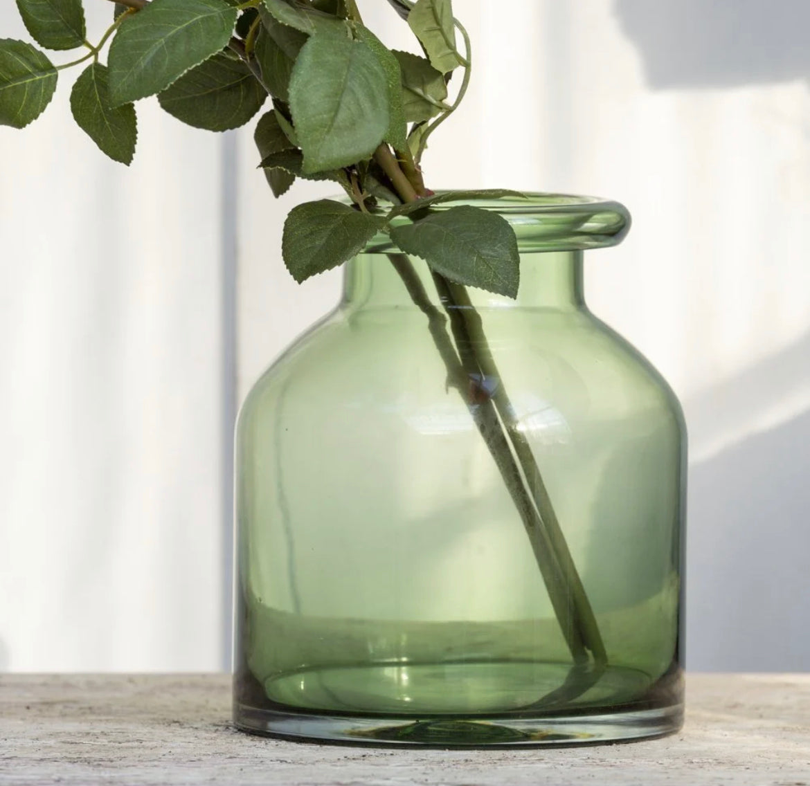 Rolled Top Green Glass Vase