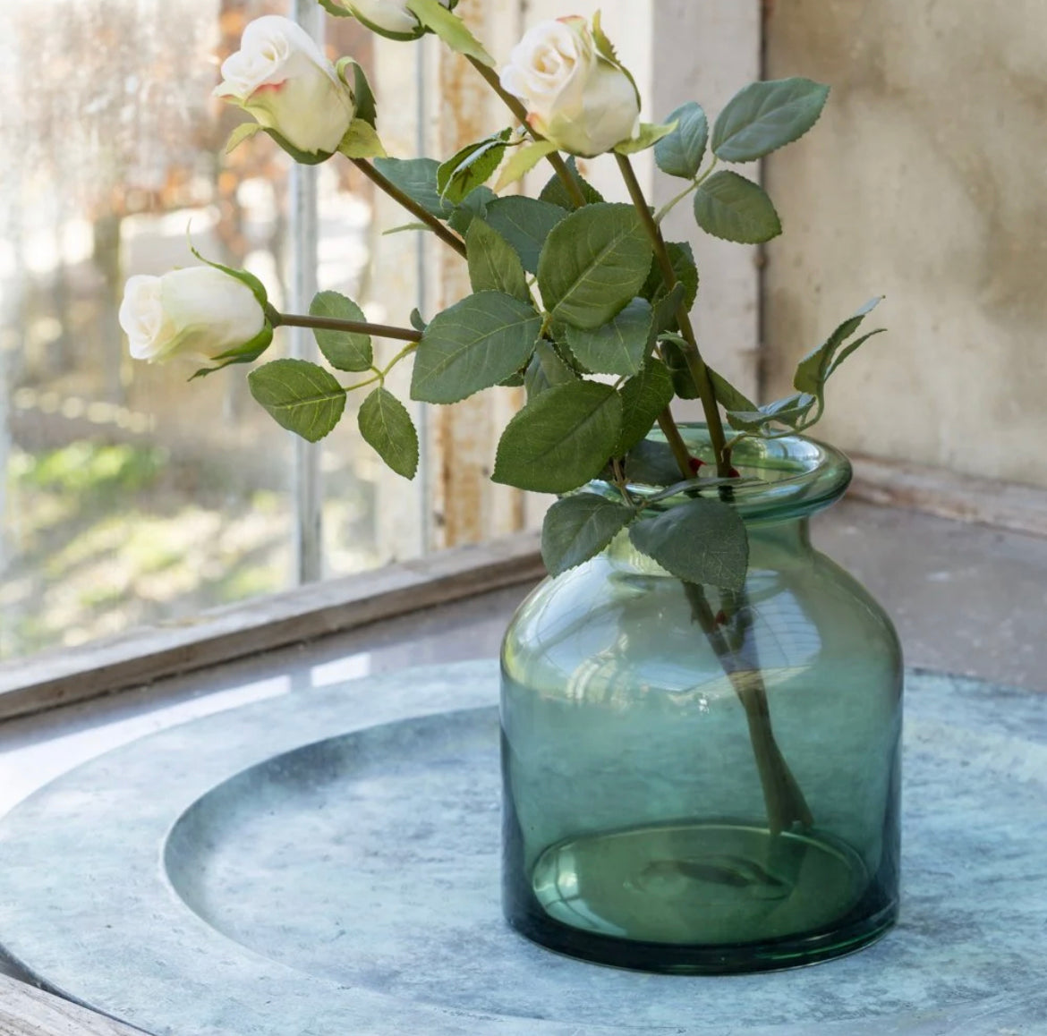 Rolled Top Green Glass Vase